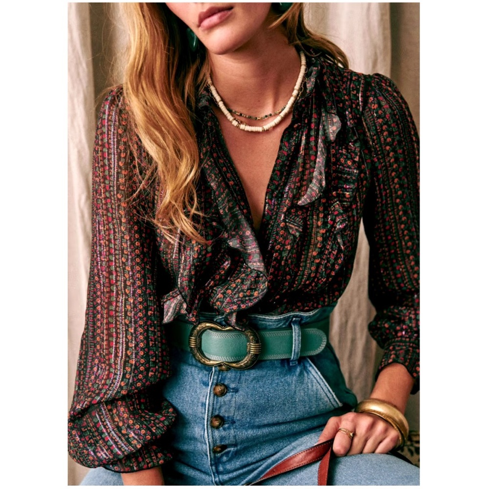 Sezane Black Floral Ruffled Wrap Blouse